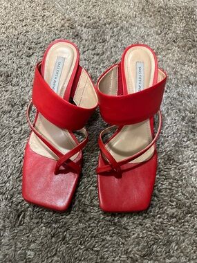 Saks Fifth Avenue Red Strappy Square-Toe Mule Heels